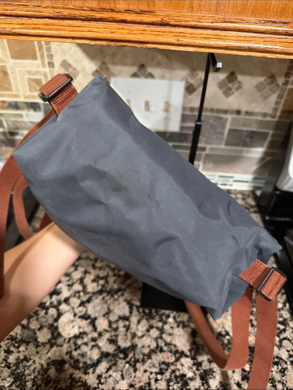 Long champ grey book bag with Brown Leather Trim